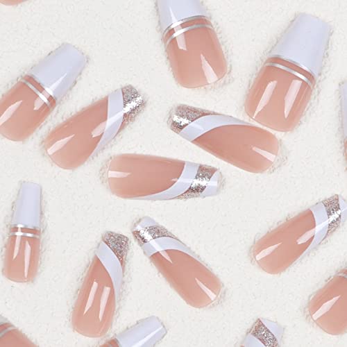 24 PCs Pressione Médio no caixão das unhas, White and Sliver Glitter Swirl French unhas, unhas falsas rosa com cola, prensa reutilizável