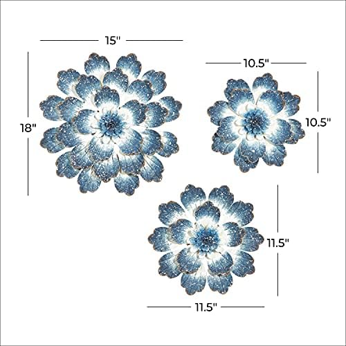 DeCo 79 Decoração de parede floral de metal, conjunto de 3 18 , 12, 11 H, azul