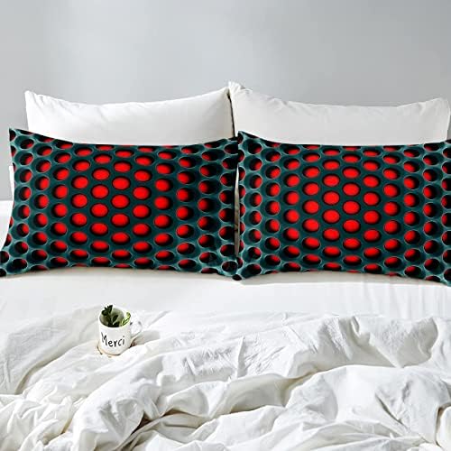 Honeycomb Conjunto de quadra verde Red Geométrico Conjunto de cama rei, edredom preto reversível de apicultura hexagonal para crianças meninos adolescentes, luzes de neon