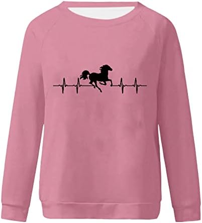 Camisetas de cavalo mulheres mangas compridas Crewneck Sweatshirt Tops Retro Blusa Retro Running Horse Graphic Tee Print Pullover