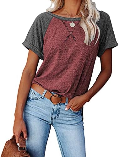 Coloração sólida feminina tatchwork top vintage shirts de manga curta redonda de pescoço pullovers de moda de verão