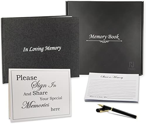 Livro de convidados funerários Heïlo para Memorial Service - Celebração de linho preto da capa dura da vida com cartões de memória, sinal de exibição de tabela e uma caneta preta premium - conjunto completo