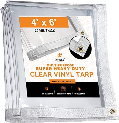 4 'x 6' Tarpa de vinil clara - Tarpaulina de PVC à prova d'água transparente de 20 mil de serviço com ilhós de latão - para gabinete de pátio, acampamento, tampa de tenda ao ar livre, Canopy da varanda - por Xpose Segurança