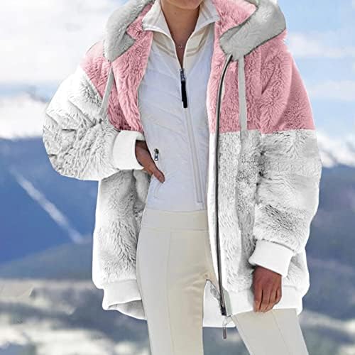 Jaqueta com capuz de cor de cor com capuz de lã grossa de roupas de roupas de inverno de manga comprida com zíper de inverno