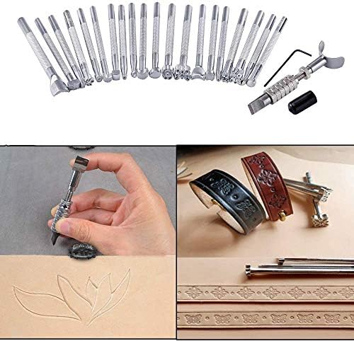 Imzay 22pcs Kit de ferramentas de couro com ferramentas de carimbo de couro Faca giratória Martela de couro para escultura em couro DIY | Conjuntos de ferramentas de couro de couro | -