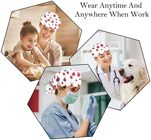 Capas médicas para mulheres com botões cabelos longos, tampa de trabalho ajustável de 2 peças, padrões de joaninha vermelha de