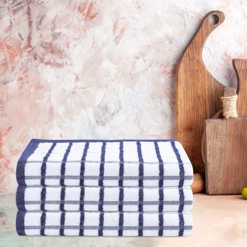 Toalhas de cozinha urbanas de villa azul/branco Conjunto de 3 toalhas de cozinha Terry algodão Ultra Soft Soft 20x30 polegadas altamente absorventes sobre toalhas de cozinha com loop suspenso