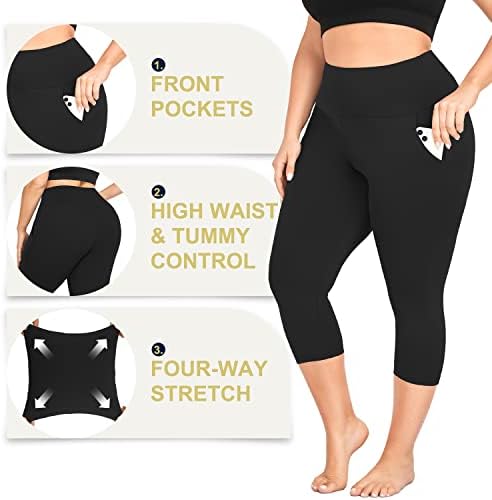 MoreFeel Capri Plus Size Leggings Para mulheres com bolsos de controle de barriga XL-4XL Controle High Workout High Workout Black Yoga