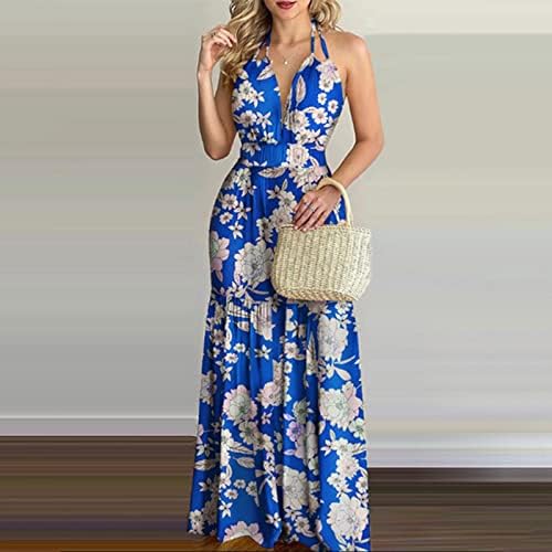 Vestido casual SPAGHETTI SPAGHETTI Halter Deep V Empire Sleesess Empire Waist Pleed Maxi Beach Dressos