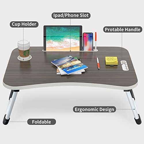 Compre mesa dobrável de volta, 23,6 polegadas de madeira portátil de laptop preto mesa de lap com copo, para trabalhar