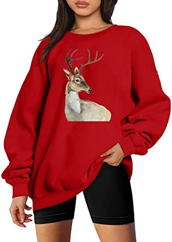 Camisolas de Natal Mulheres Mulheres de Manga Longa Blusa Alinhada Tops Y2K Pullover Opeversize Animal Elk Sweetshirs