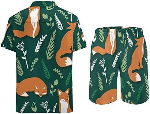 Raposas e flores de roupas de 2 peças de 2 peças masculinas para o havaiano de botão de manga curta e ternos de shorts