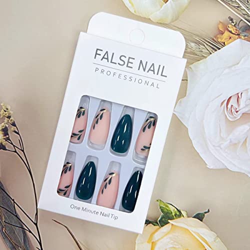 Mlovew Spring Summer Summer Press On Nails Medium, French Green Green Fake Nails Balé Curto Amêndoa Falsa unhas, com folhas verdes Dicas de unhas rosa claro cola nas unhas Kit de arte acrílica para mulheres e meninas 24 PCs