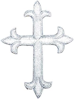Gold Metallic Fleur de Lis Ferro em Patch Cross Religioso Bordado 4 polegadas