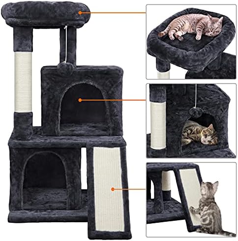 Yaheetech 36in Cat Tower Tower Cat Play House Climber Stand Furniture com posto de arranhão, poleiro de pelúcia, bola pendurada, dois condomínios e rampa, para gatinhos, gatos e animais de estimação, preto