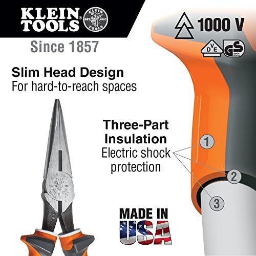 Klein Tools 2036Eins Isolados alicate, cortadores laterais de nariz comprido com mandíbula serrilhada, slim de 6 polegadas
