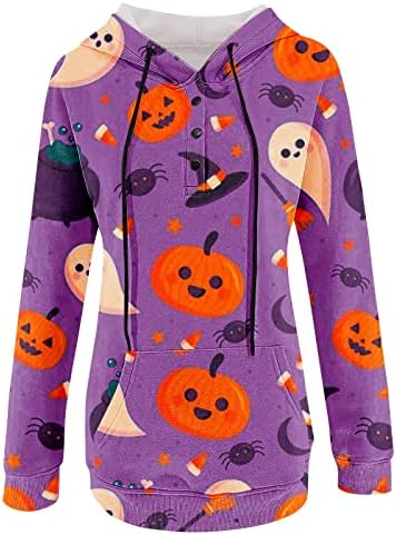 Pullover de Halloween feminino Tops elegantes de moda chique no outono de inverno de luva longa com capuz Blouse confortável