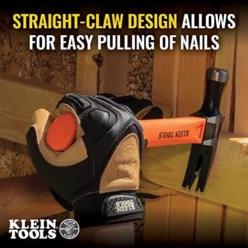 Klein Tools H80816 Martelo de 16 onças de garra reta com cabeça lisa, fibra de vidro sem deslizamento, alça de alça de alça com