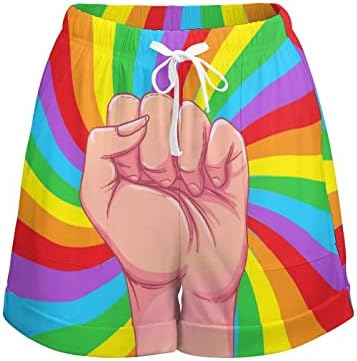 Mão cor de arco -íris com um punho de shorts femininos de cintura alta impressão de calças curtas casuais praia com bolsos