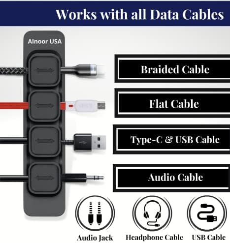 Alnoor EUA Organizador de cabos magnéticos | Clipes de cabos magnéticos multiuso com fivelas de 8 cabos e 2-Bases | Clipes de gerenciamento de cabos para telefone celular, escritório, carro, casa | suporte de cabo magnético em preto e branco