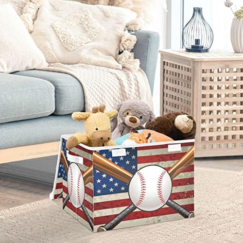 Innewgogo Baseball nas caixas de armazenamento de bandeira americana com tampas para organizar os organizadores do armário com alças Oxford Ploth Storage Cube Box for Pets Toys