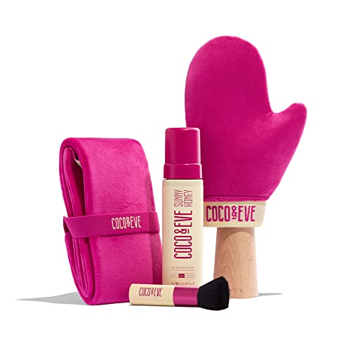 Coco & Eve Bali Bae Self Tan Conjunto. Toda a mousse de bronzeamento sem sol natural. Loção de auto -bronzeamento instantânea com bronzer, aplicador de luva, pincel kabuki e aplicativo traseiro para aplicação impecável e bronze.