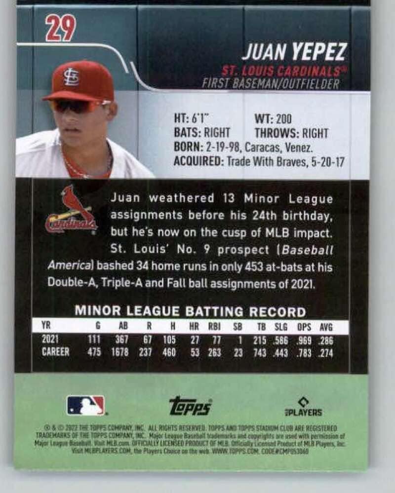 2022 Stadium Club Red Foil 29 Juan Yepez RC Rookie St. Louis Cardinals MLB Baseball Trading Card