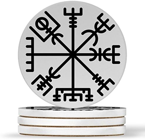 Vegsivir Runic Viking Compass Design - montanhas -russas redondas, arenito natural - conjunto de 4