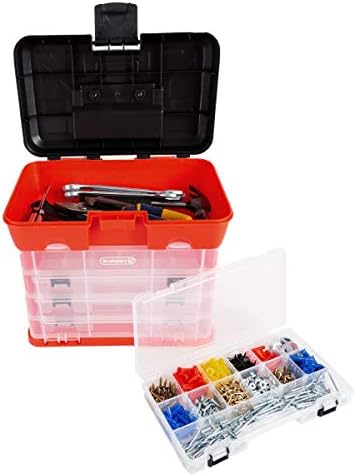 Caixa de ferramentas de armazenamento - Organizador portátil multiuso com compartimento superior principal e 4 bandejas de vários compartimentos removíveis por robustos, vermelho, 11 em x 7 em x 10 em