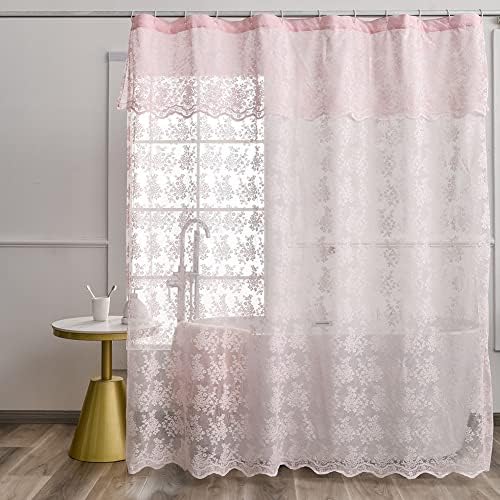Cortina de chuveiro de renda rosa - cortina de chuveiro vintage com valance anexada, cortina de chuveiro de renda floral para banheiro, estilo de fazenda, cortina chique de chuveiro chique, borda recortada, 72 x 72 polegadas, 1 painel