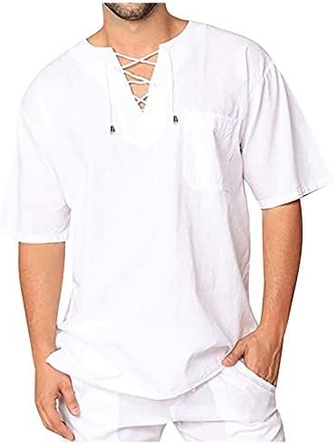 Ymosrh masculina camiseta de linho de algodão Camisas de renda para cima de praia casual camisa hippie de manga curta V Camiseta