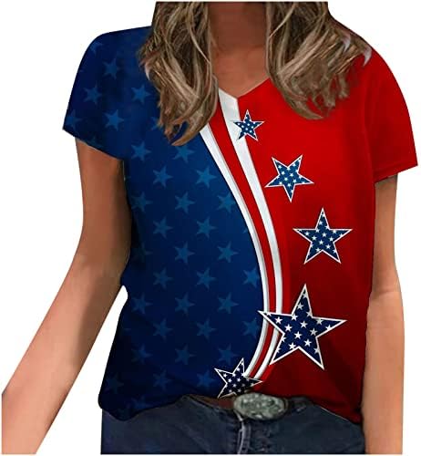LCEPCY 4 de julho Camisas mulheres, Dia da Independência Verão Flag American Tops Tops LOW SLUVE CURSO CAMAS