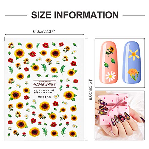 Oiiki 24 lençolas adesivos de arte de unhas, girassol 3D Decalques de unhas auto-adesivas, Manicure de Flor da Flor da UNID, decoração de arte corporal para unhas DIY para mulheres e meninas