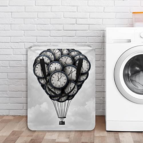 Relógio retrô de ar quente estampa de balão de lavanderia dobrável, cestas de lavanderia à prova d'água 60l de lavagem de roupas