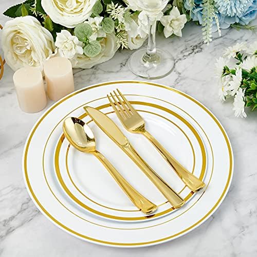 Foco 160 Pacote de talheres de plástico dourado - 80 garfos, 40 facas, 40 colheres - talheres de plástico pesado descartáveis ​​para catering, festas, jantares, casamentos