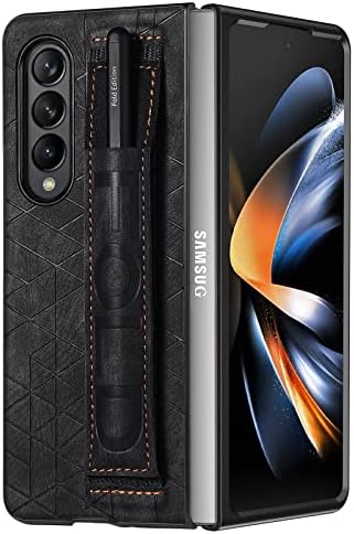 Omio projetado para Samsung Galaxy Z Fold 3 Caso de couro com suporte de caneta S & Strap, pulseira de pulseira capa de