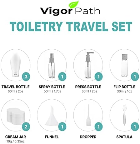 Conjunto de garrafas de viagem do Vigor Path - garrafas portáteis de 11 peças para shampoo, loção e produtos de higiene