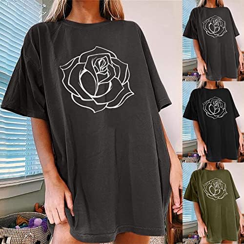 Camisetas gráficas de flores para mulheres casuais verão de tamanho curto tamis de manga túnica de cola de pescoço leve blusas macias