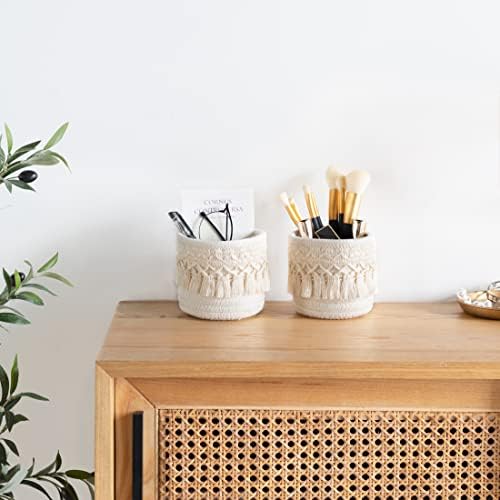 MKONO Macrame Makeup Brush Solder Organizer Binches Mini Storage Storage Basket Set de 2 cestas de decoração boho para