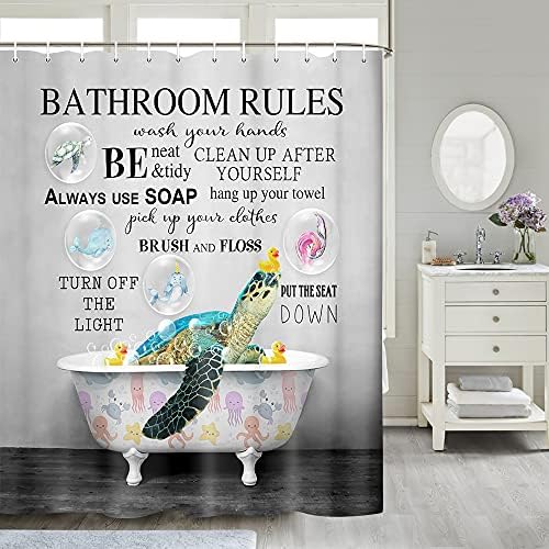Curta de chuveiro engraçado Curta de tartaruga marinha Regras de banheiro para adolescentes unissex, tartaruga marinha