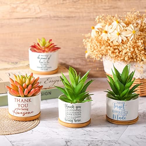 6 PCs Potes suculentos, agradecem presentes de plantadores suculentos de cerâmica com bandeja de bambu e drenagem pequenos