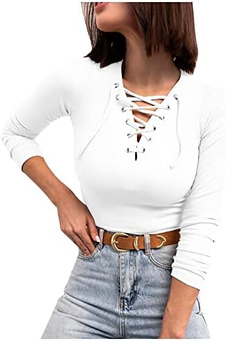 Camisas de manga comprida para mulheres com nervuras de malha up u tops de pescoço sólidos