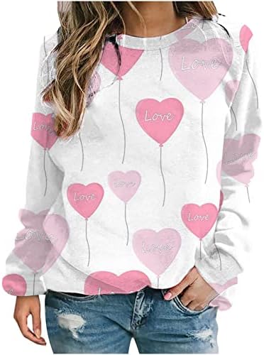 Camisetas de manga longa LMSXCT para mulheres, Mulheres do dia dos namorados Selto Casual Love Coração Impressão O-Blusa Pullover Blush Top