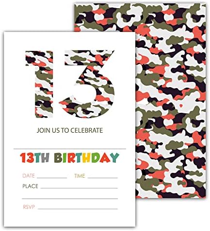 Convites de festa de 13º aniversário - Festa de aniversário de camuflagem convites - Bday Convide Ideas para meninos meninos - 20 cartões de convite de contagem com envelopes