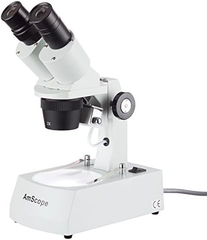 Microscópio estéreo binocular de AMScope SE306R-AA-AEL, Microscópio estéreo, oculares WF10X e WF15X, ampliação 20x/30x/40x/60x, objetivos 2x e 4x, iluminação superior e inferior de halogênio, placa de estágio preto/branco reversível, suporte de braço, 120V