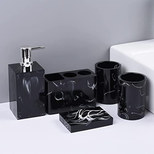 Conjunto completo de acessórios para banheiros de 5 peças - porta -dentes elétricos, dispensador de 16,9 oz para sabão líquido ou loção, sabão, 2 copos, feitos de resina de padrão de mármore