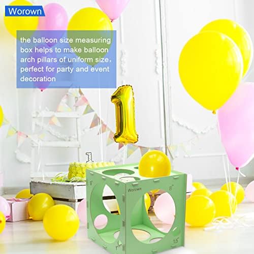 WOROWN 14 buracos Caixa de sizer de balão colapsível verde MDF, cubo de sizer de balão de 1 a 10 polegadas, ferramentas de medição de tamanho de balão para arcos dos balões, decorações de balões