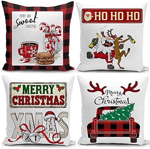 FCOZM Conjunto de 4 travesseiros de Natal de Buffalo Vermelho Capas de travesseiro de Natal 18x18 Fazenda vintage Decoração de Natal Capas de travesseiro de caminhão vermelho de natal verde veado de veado decorativo
