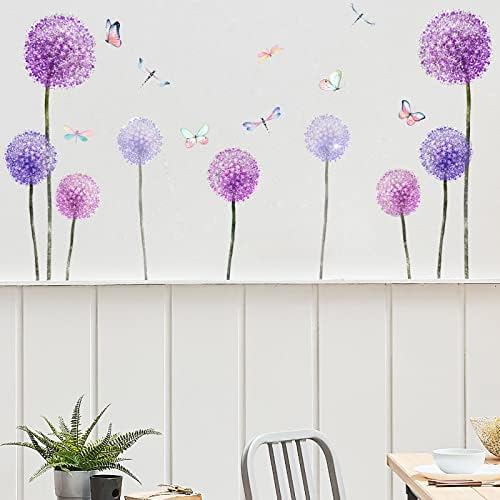 Decalques de parede de dente de leão voando flores violeta de borboletas adesivos de parede de parede removível e stick