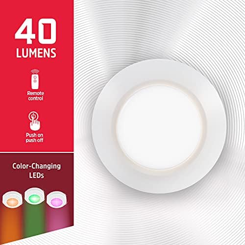 Luzes de disco LED energizantes, troca de cores, 2 pacote, bateria operada, luzes sem fio, 40 lúmens, luz da torneira, grama de luzes, luz de empurrar, perfeita para baixo do gabinete, armários, despensa e mais, 46631